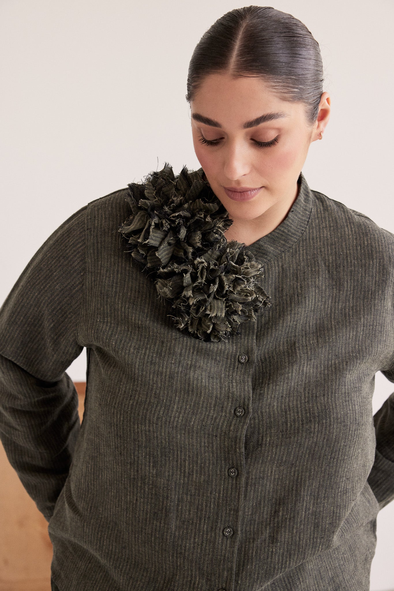 Fabric Flower Brooch | Olive Stripe