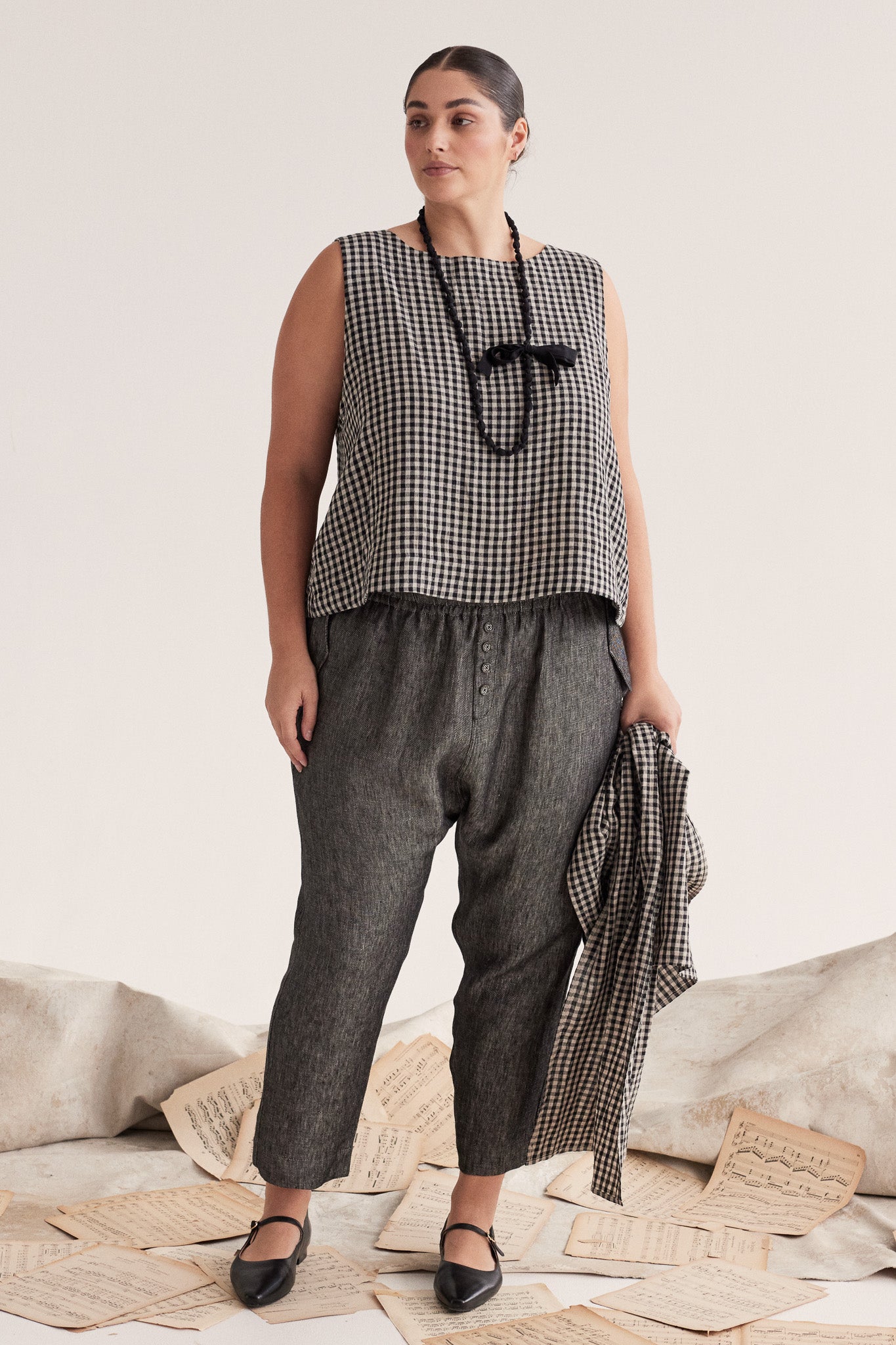 Millicent Drop Crotch Pant | Black Denim Linen