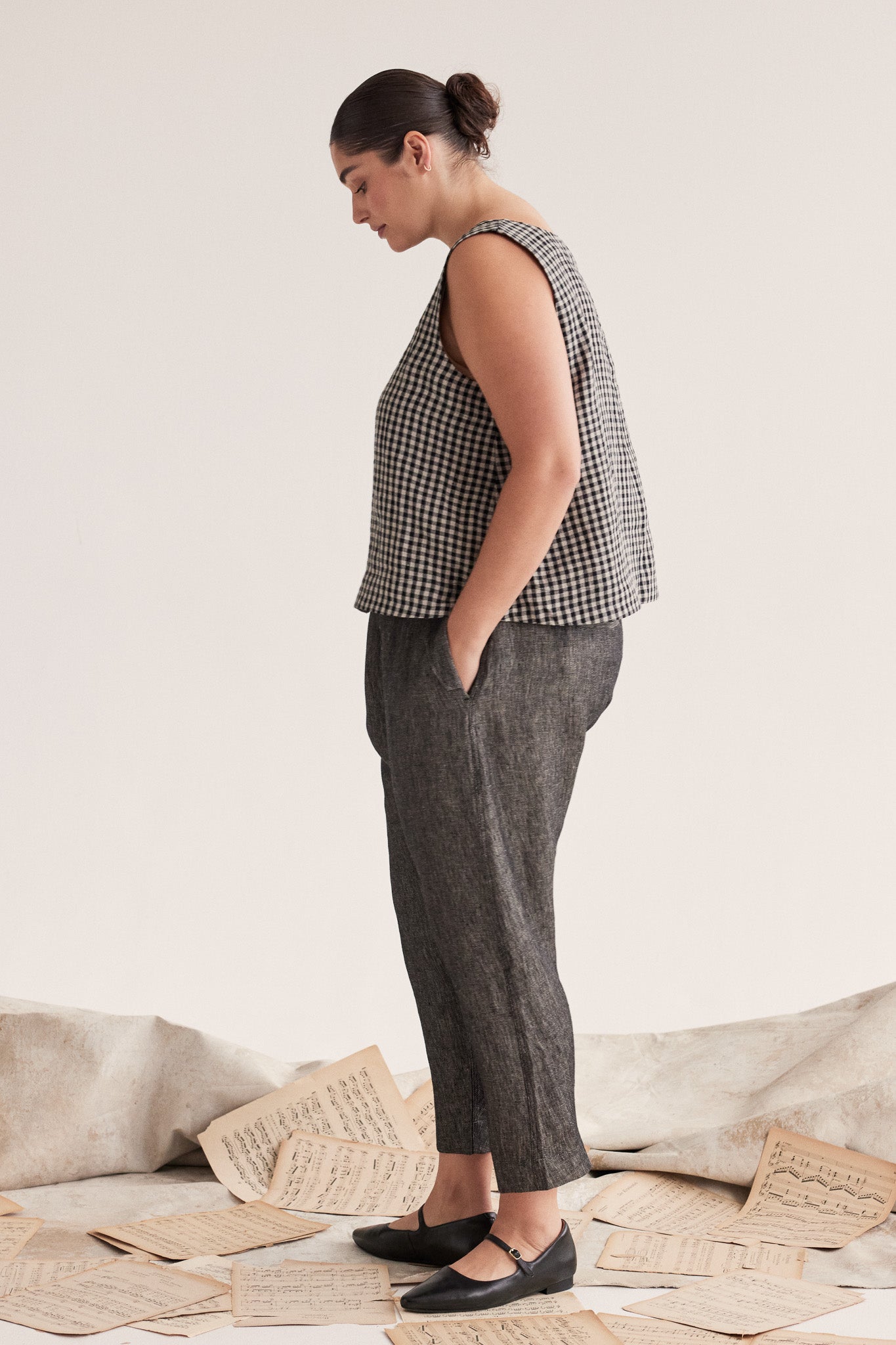Millicent Drop Crotch Pant | Black Denim Linen