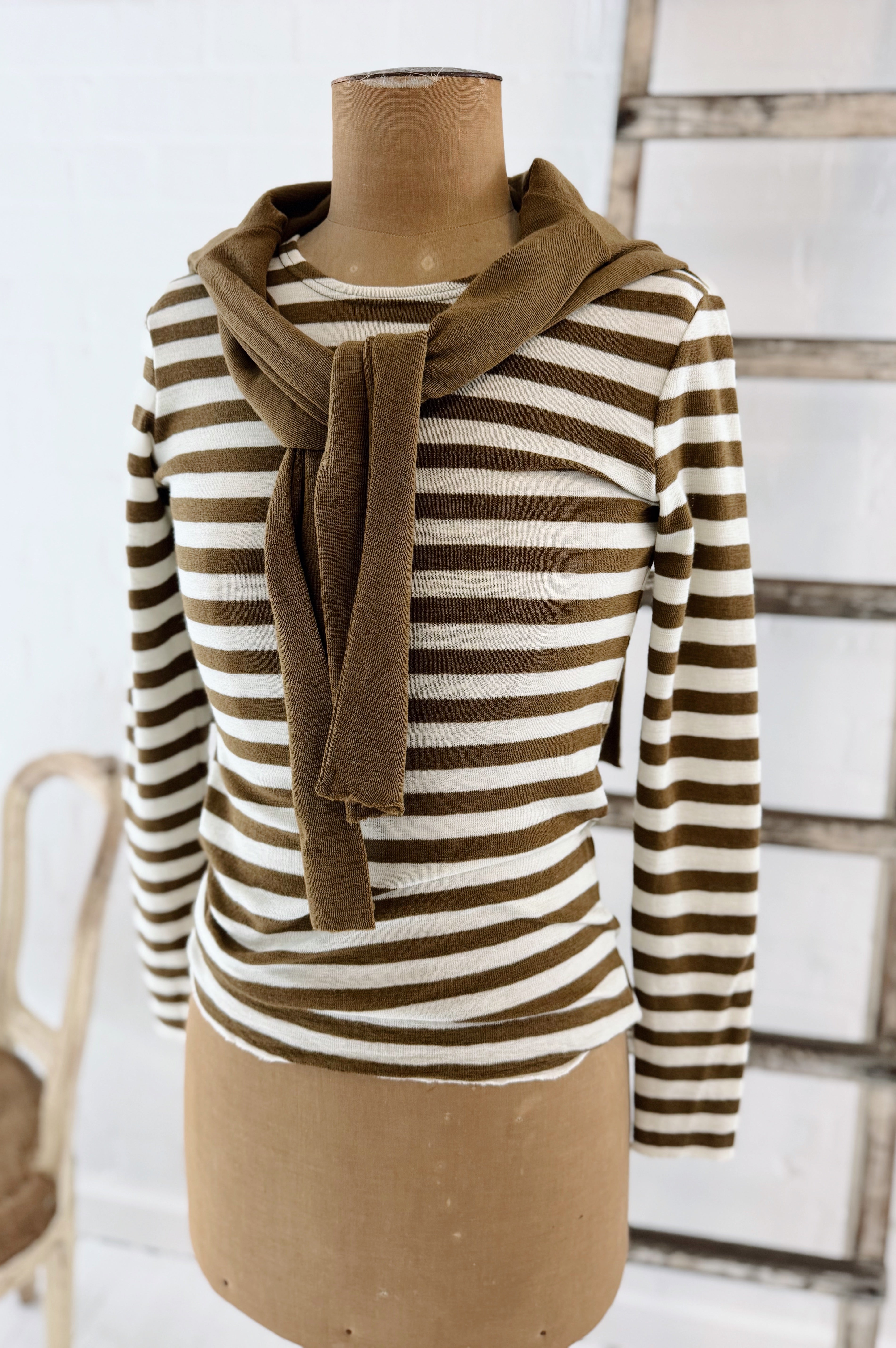 Merino Crew Neck | Raw White + Bronze Stripe