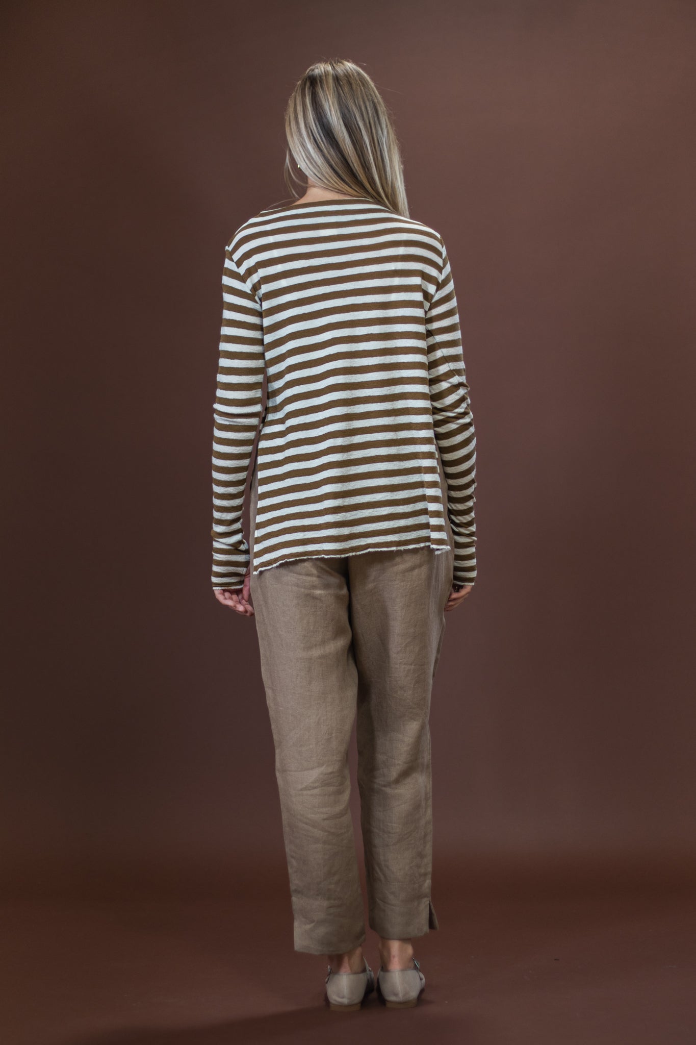 Merino With High Slits | Raw White + Bronze Stripe