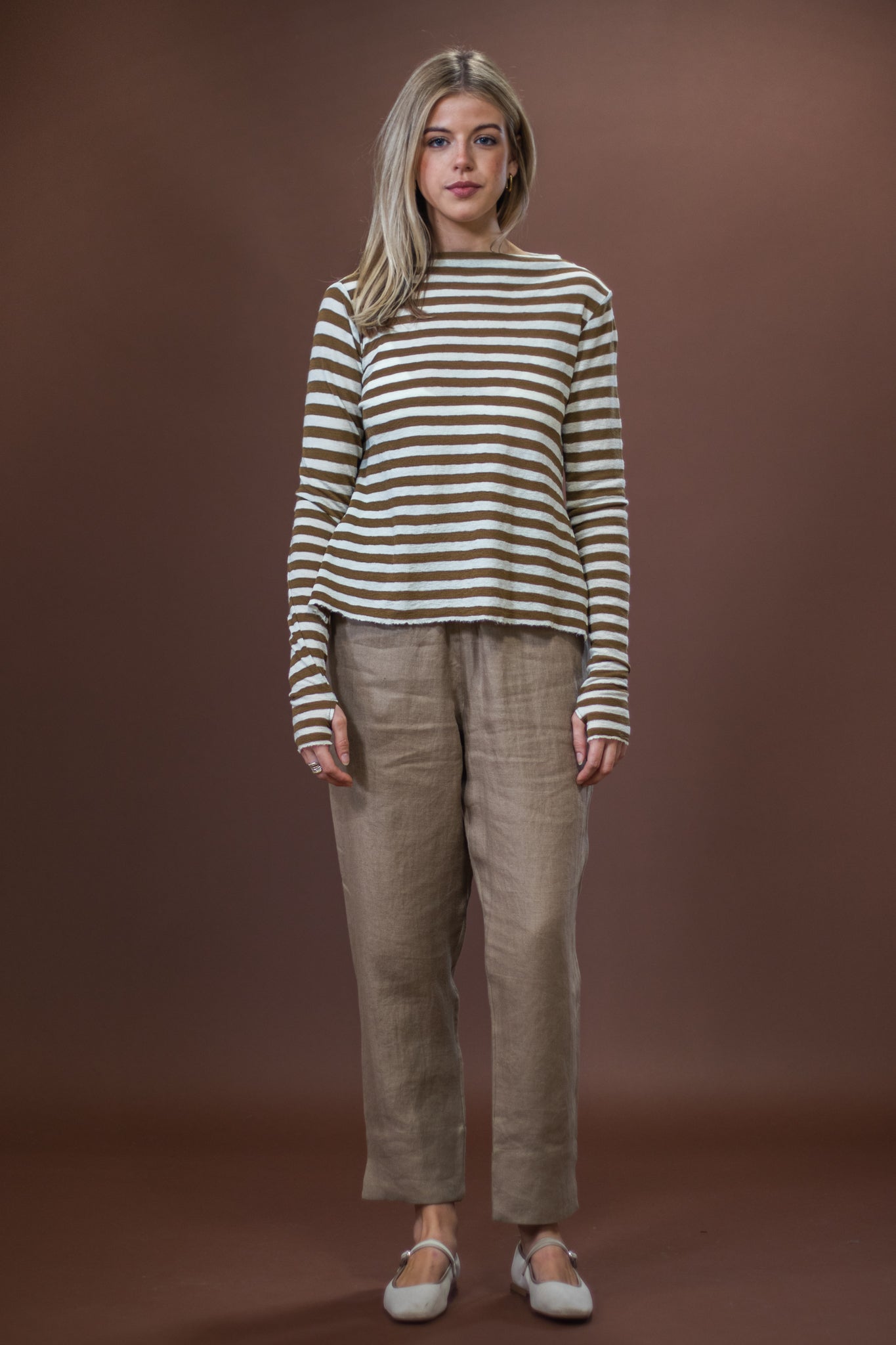 Merino With High Slits | Raw White + Bronze Stripe