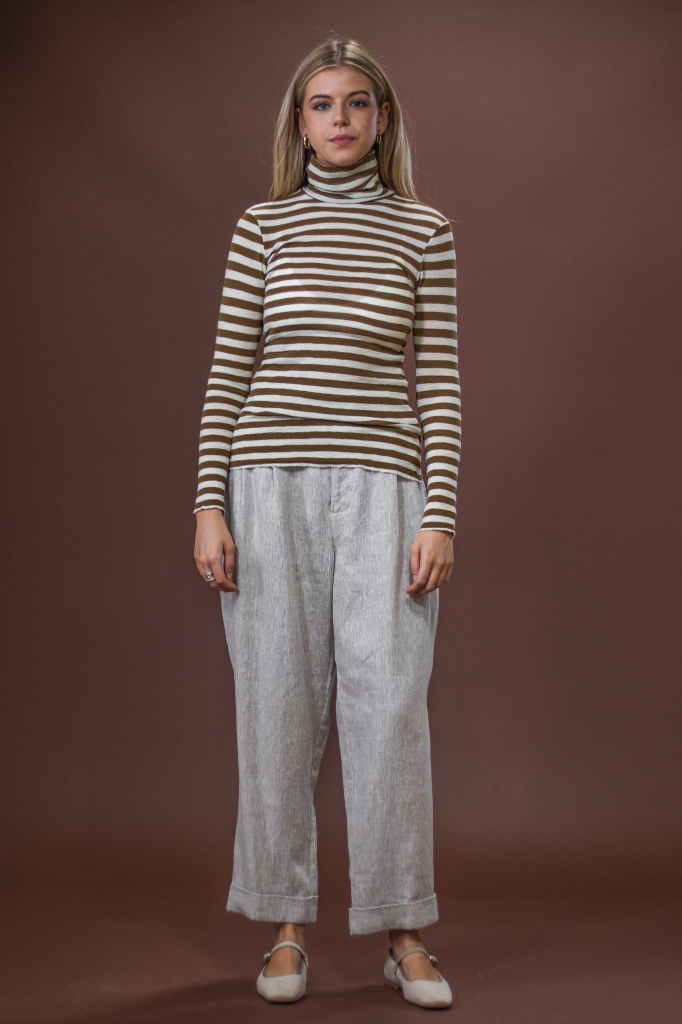 Merino Roll Neck | Raw White + Bronze Stripe