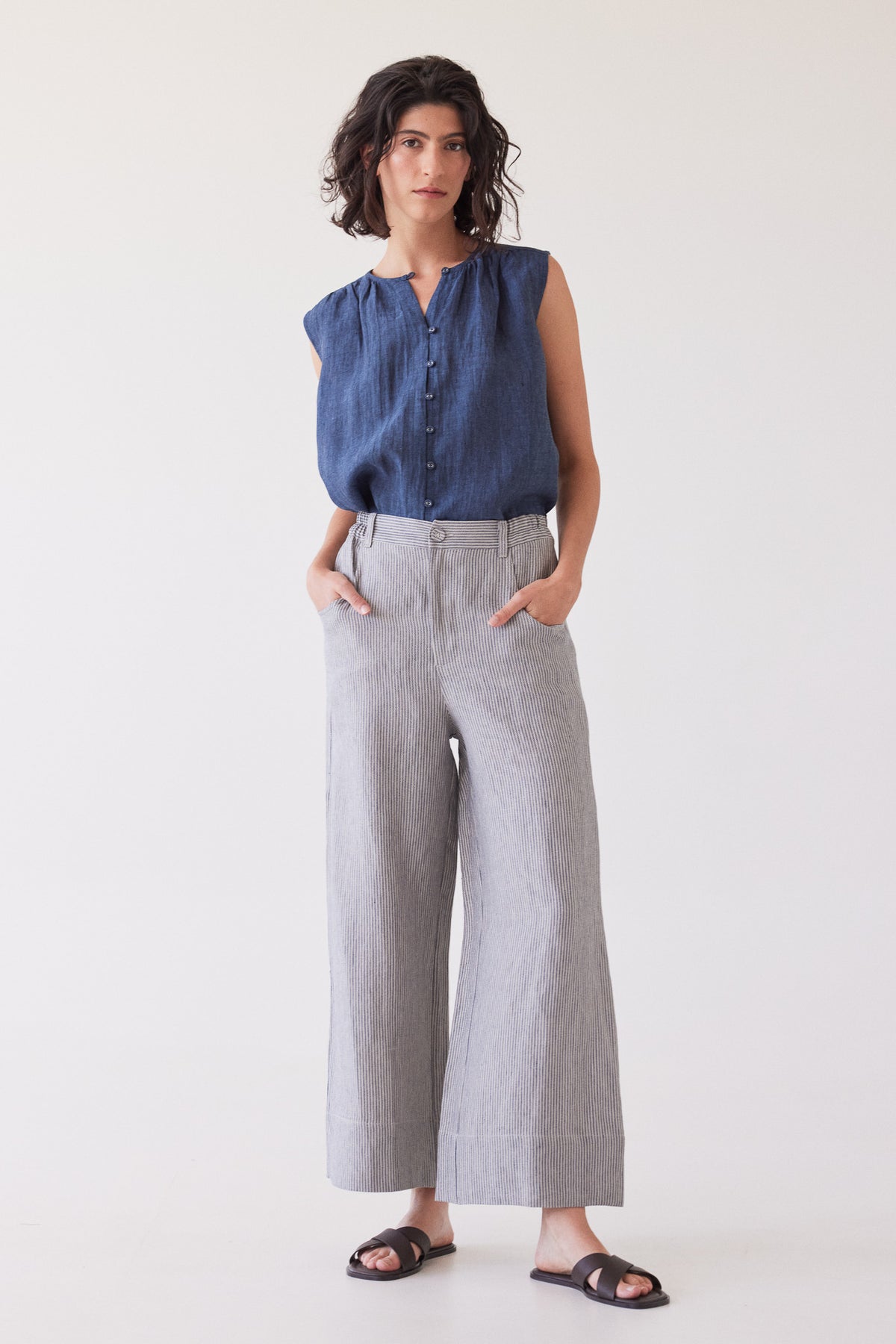 Bowie Wide Leg Pant | Chambray Stripe