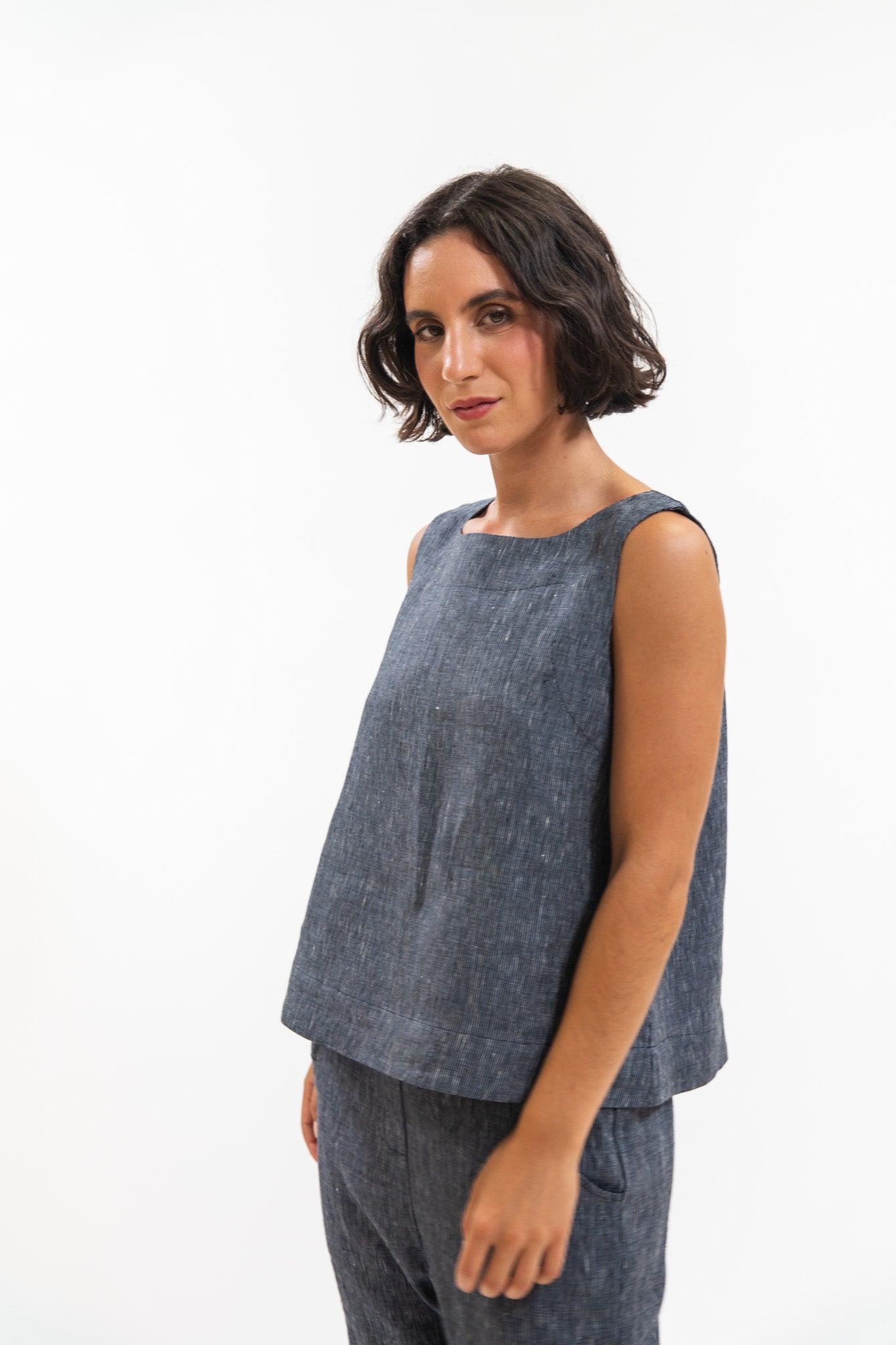 Ellis Shell Top | Navy Pinstripe