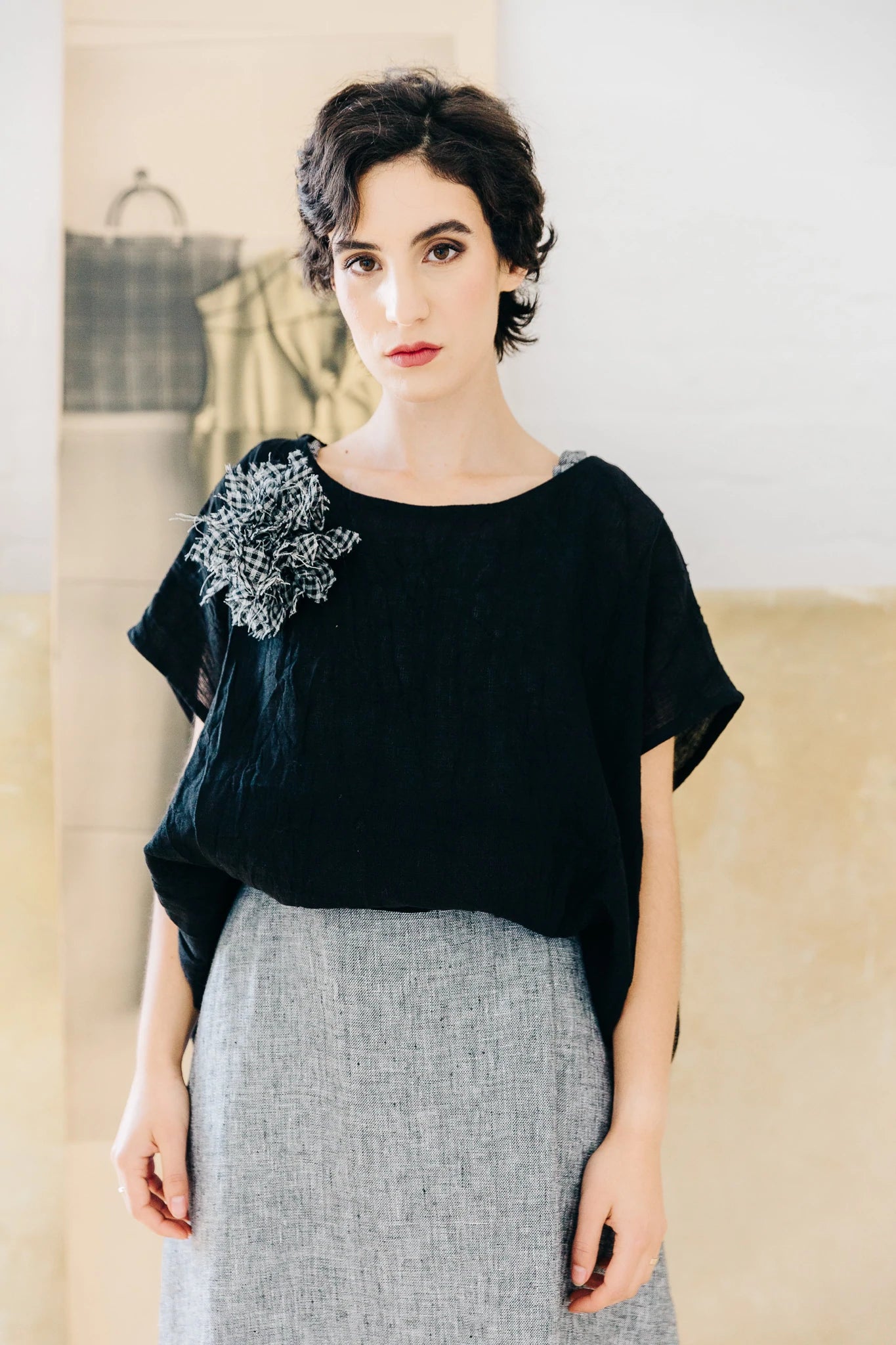 Fabric Flower Brooch | Black Check Gauze