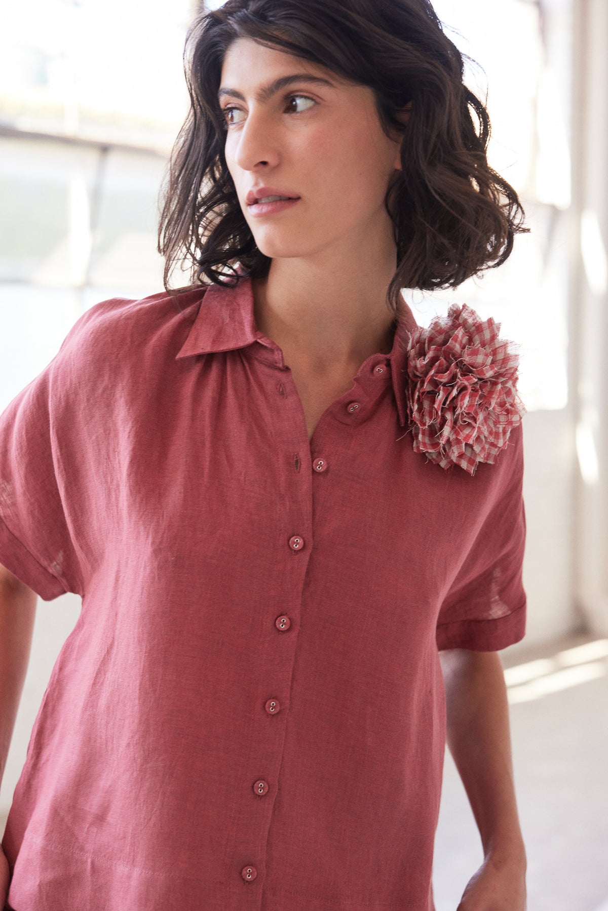Fabric Flower Brooch | Burnt Sienna Gingham