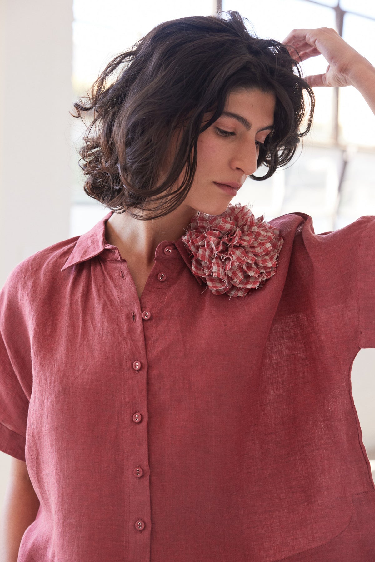 Fabric Flower Brooch | Burnt Sienna Gingham
