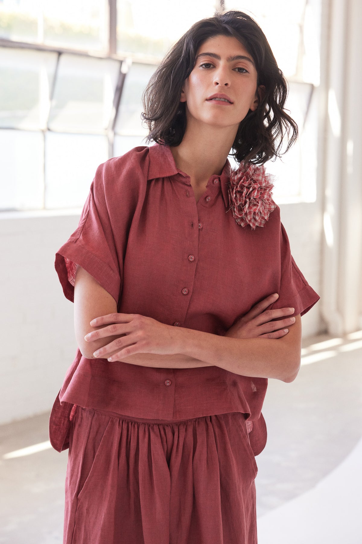 Fabric Flower Brooch | Burnt Sienna Gingham