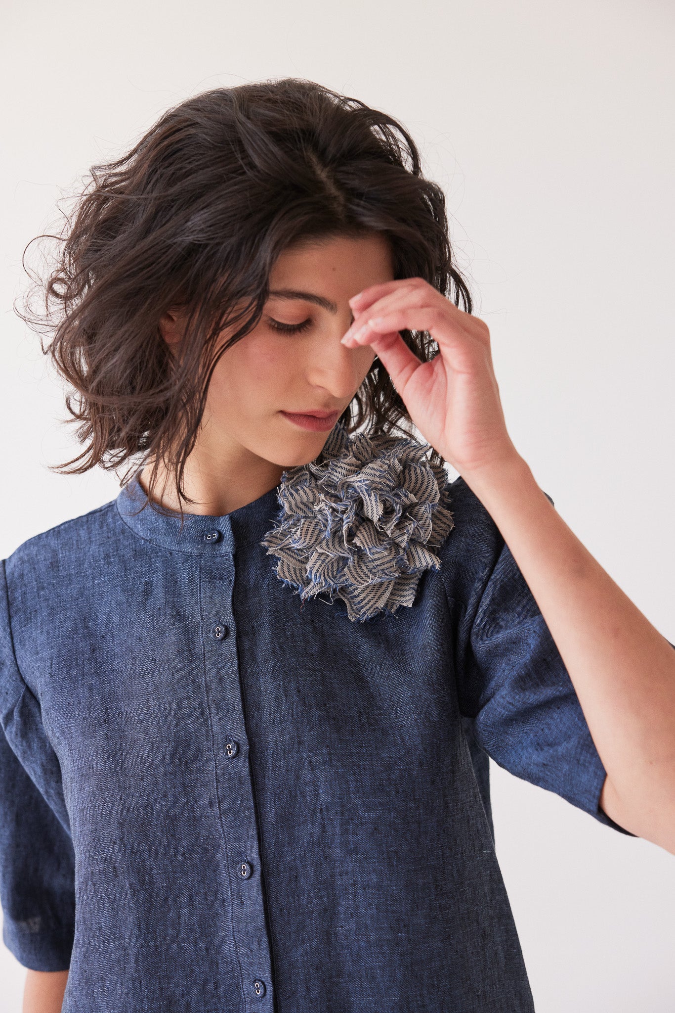 Fabric Flower Brooch | Chambray Stripe