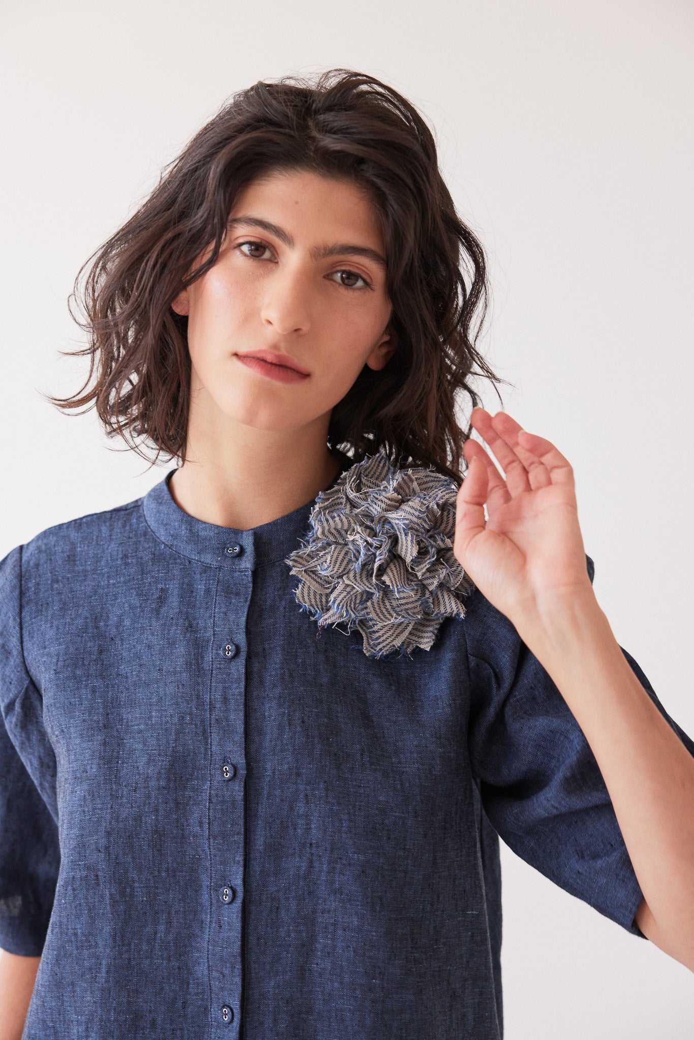Fabric Flower Brooch | Chambray Stripe