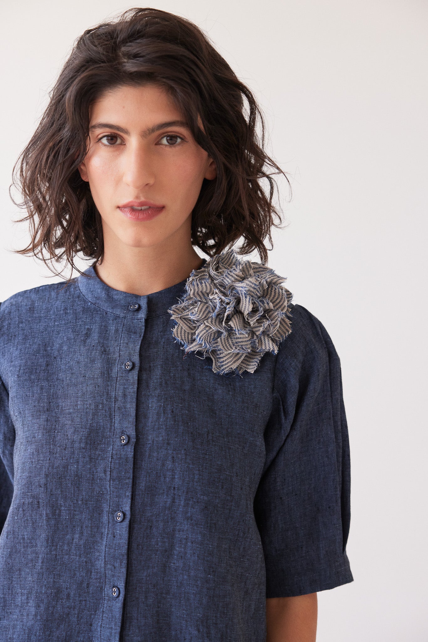 Fabric Flower Brooch | Chambray Stripe
