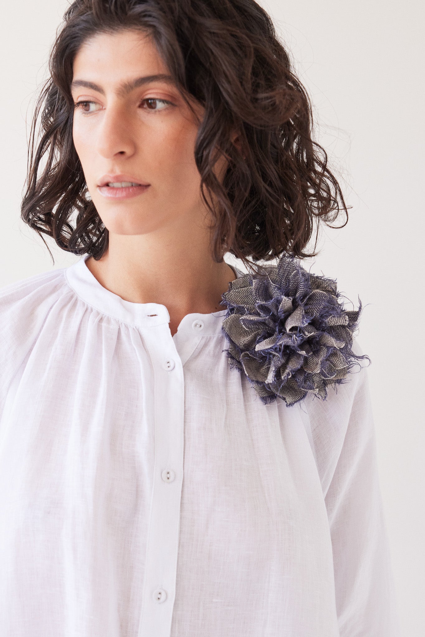 Fabric Flower Brooch | Dusty Denim Linen