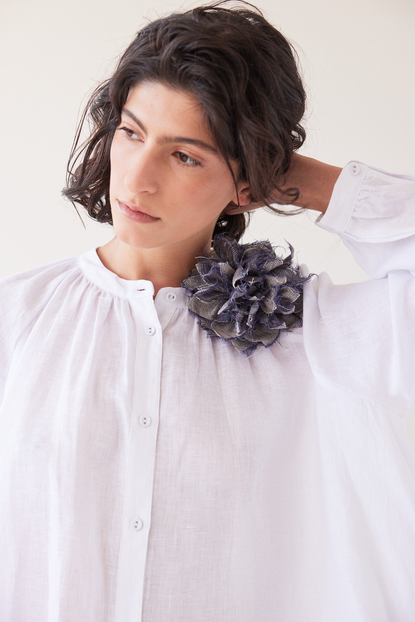 Fabric Flower Brooch | Dusty Denim Linen
