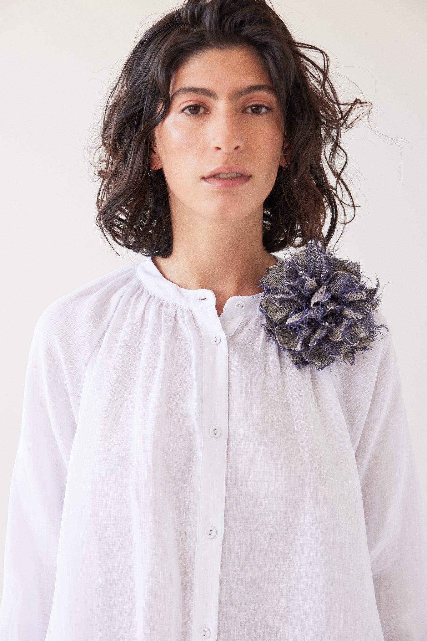 Fabric Flower Brooch | Dusty Denim Linen