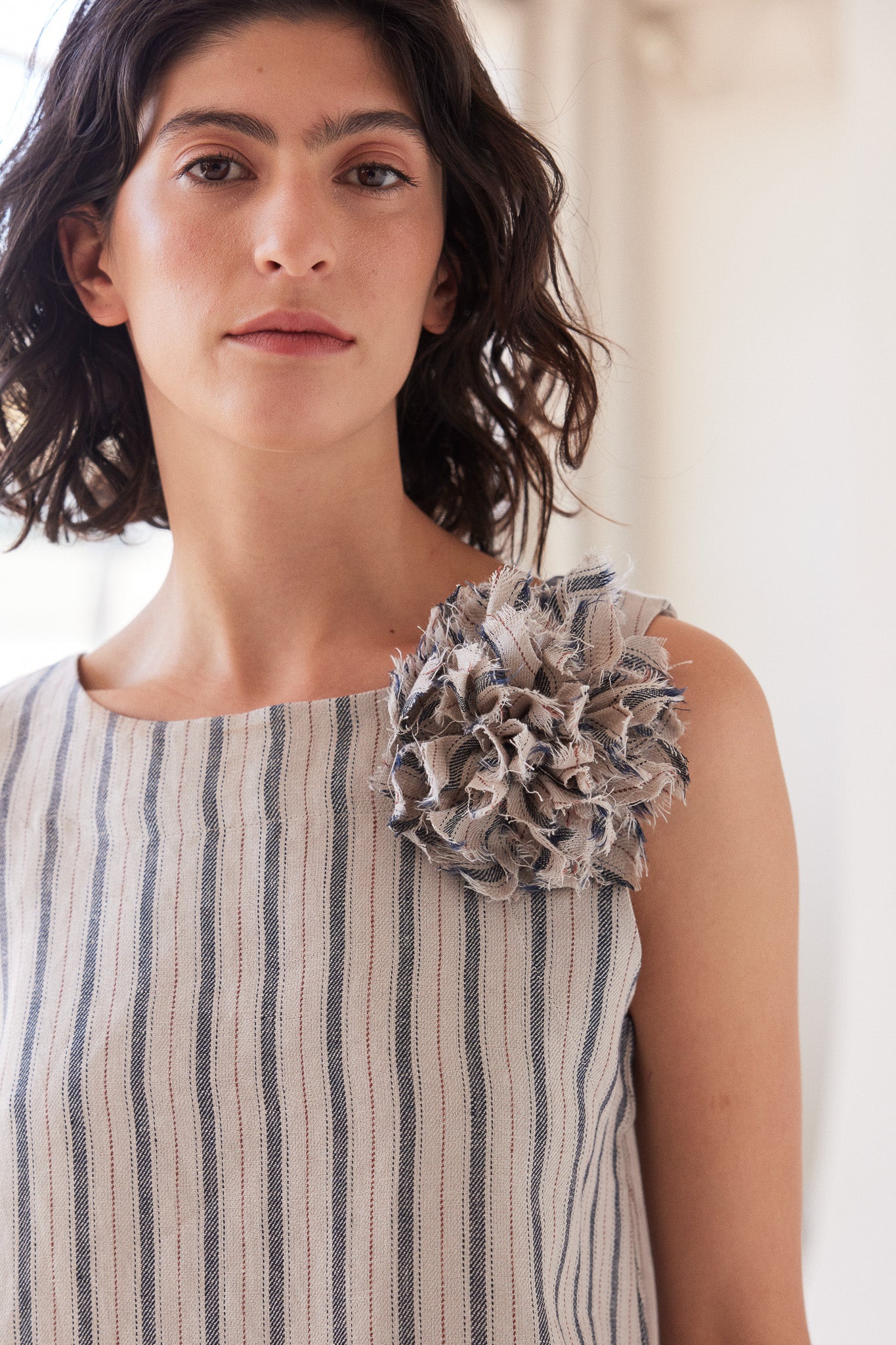 Fabric Flower Brooch | Navy Stripe