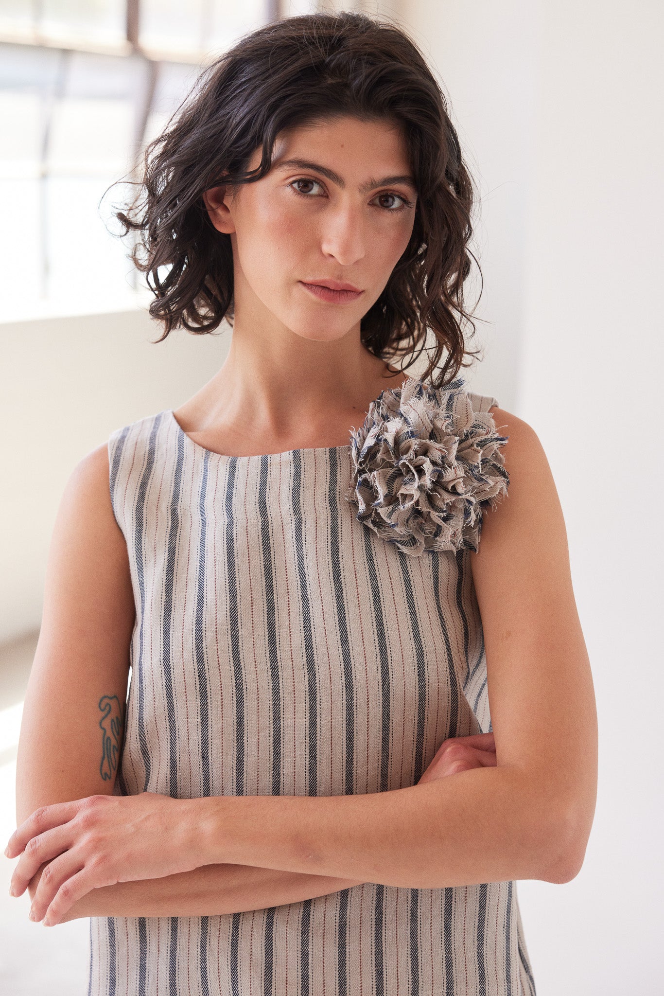Fabric Flower Brooch | Navy Stripe