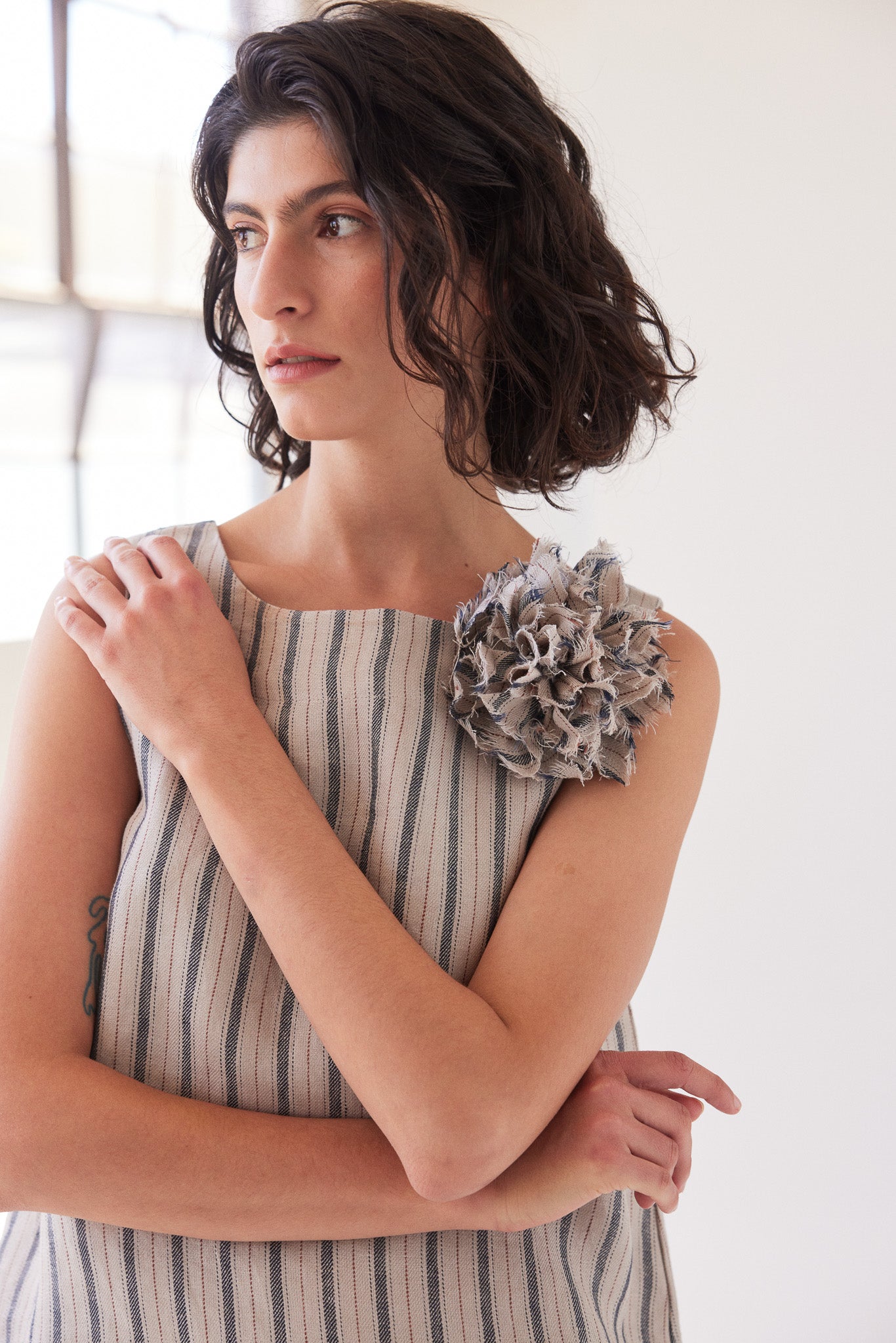 Fabric Flower Brooch | Navy Stripe