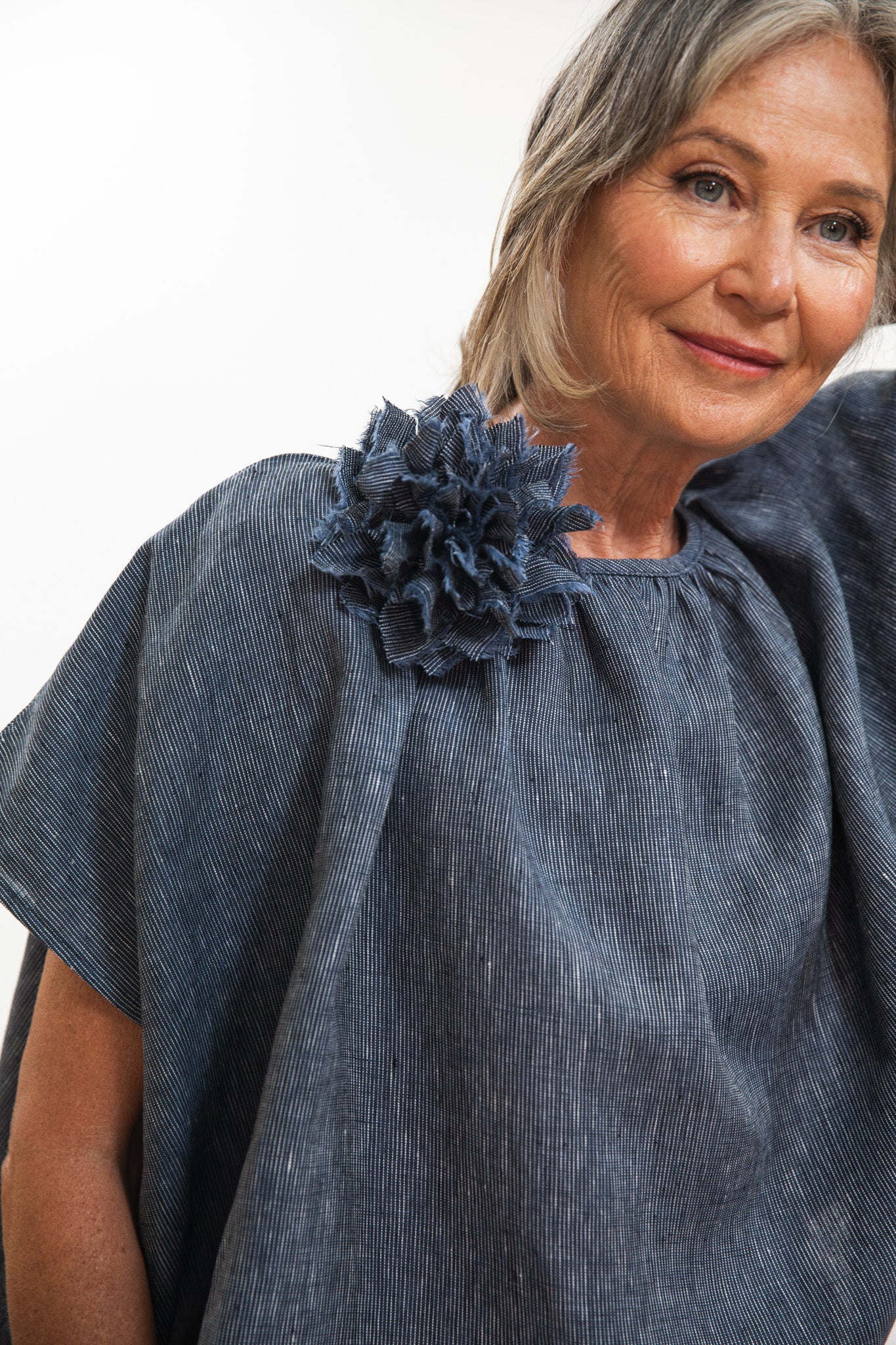 Fabric Flower Brooch | Navy Pinstripe