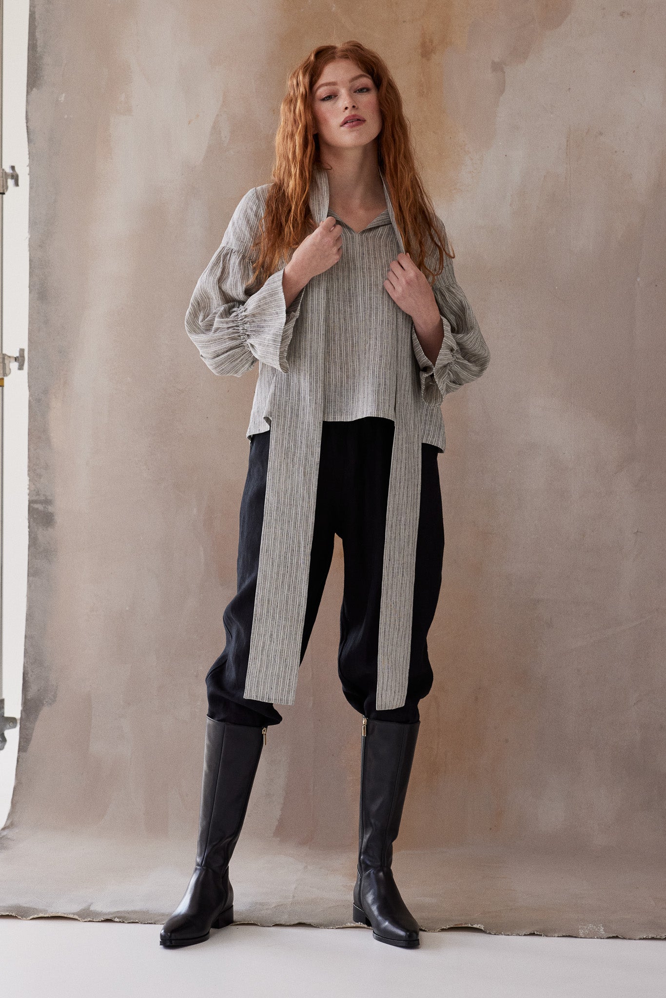 Harlow Neck Tie Blouse | Stippling Stripe