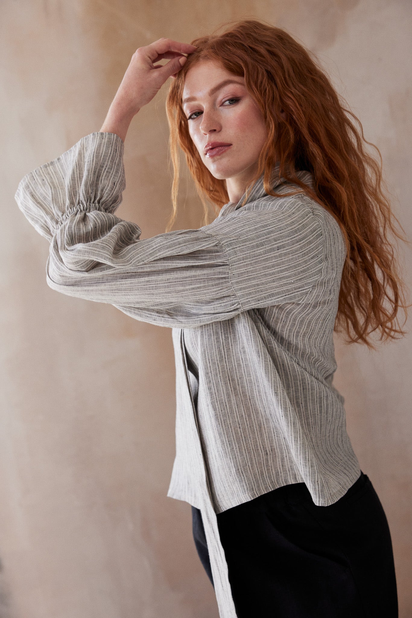 Harlow Neck Tie Blouse | Stippling Stripe