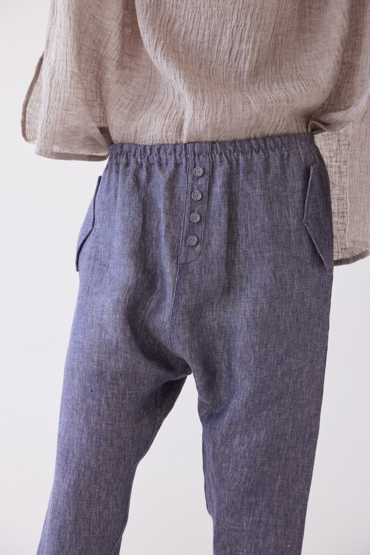 Millicent Drop Crotch Pant | Dusty Denim Linen