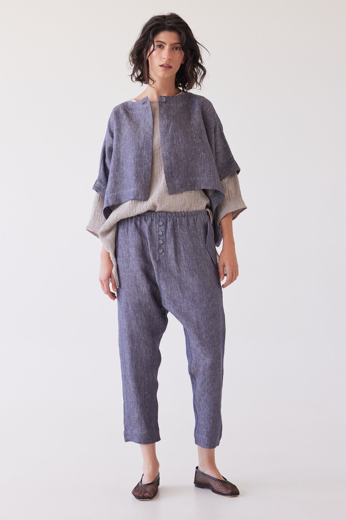 Millicent Drop Crotch Pant | Dusty Denim Linen