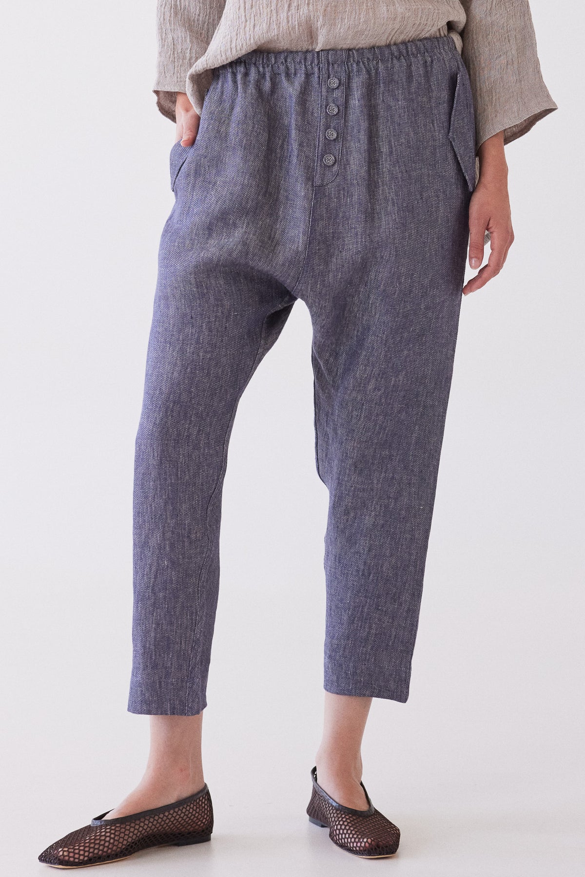 Millicent Drop Crotch Pant | Dusty Denim Linen