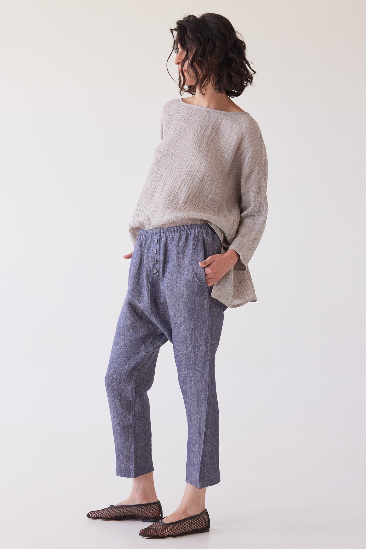 Millicent Drop Crotch Pant | Dusty Denim Linen