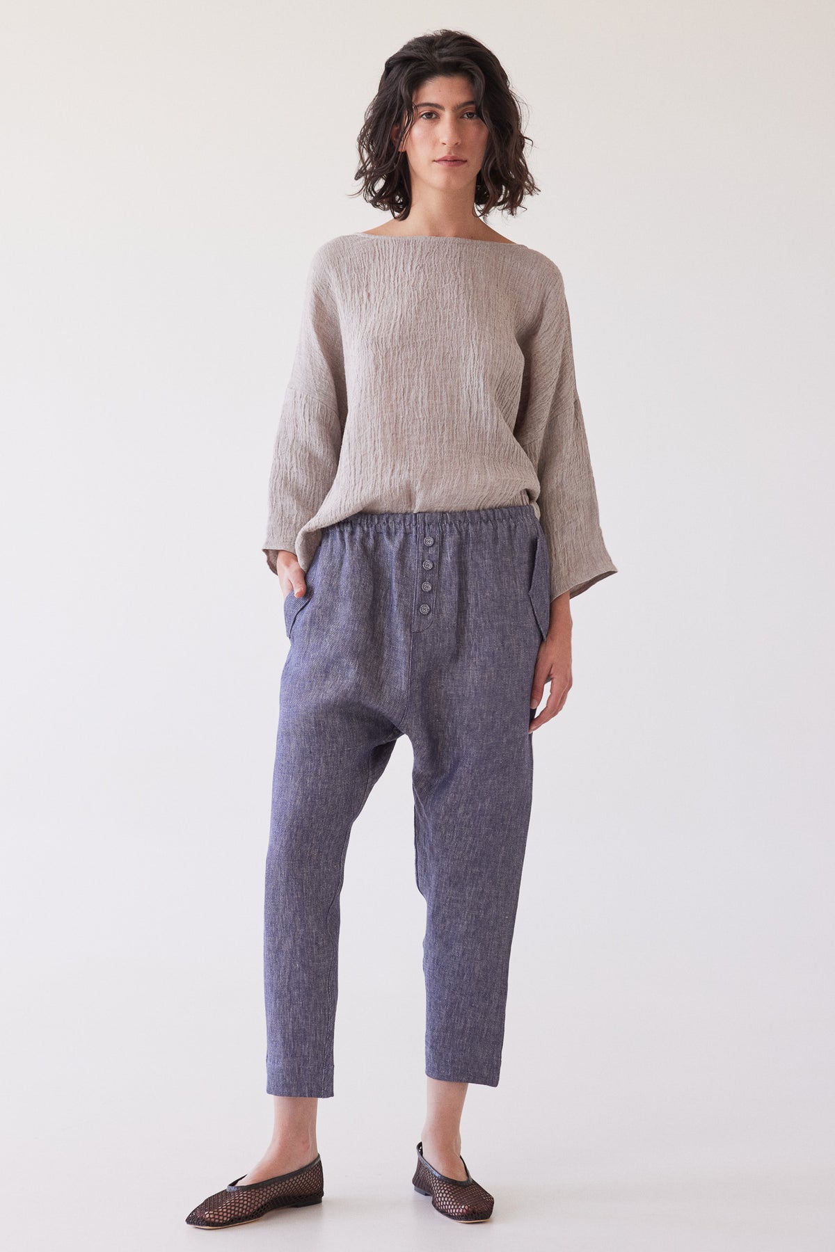 Millicent Drop Crotch Pant | Dusty Denim Linen