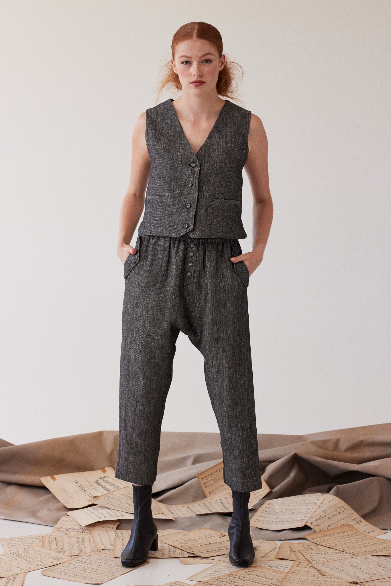 Millicent Drop Crotch Pant | Black Denim Linen