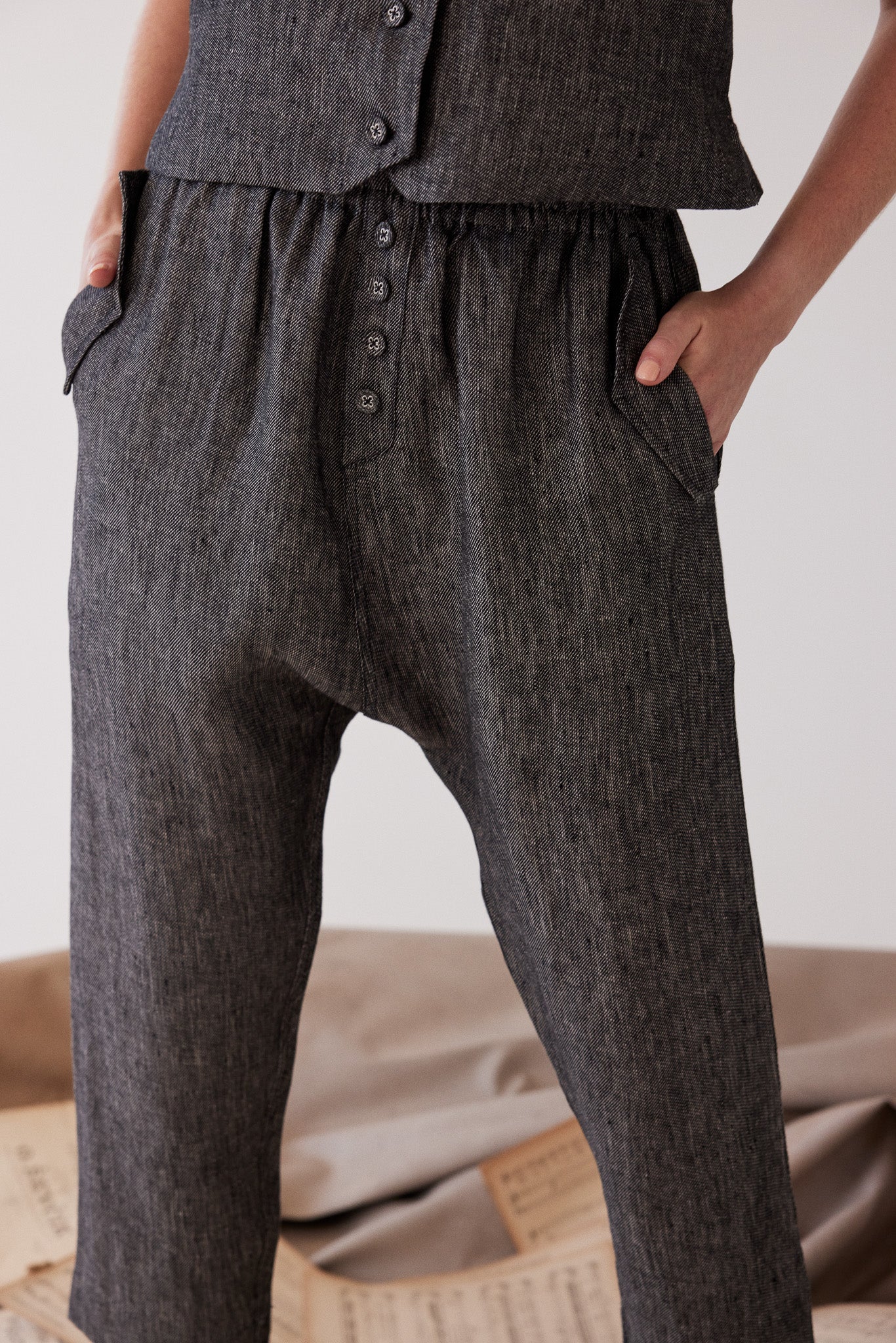 Millicent Drop Crotch Pant | Black Denim Linen