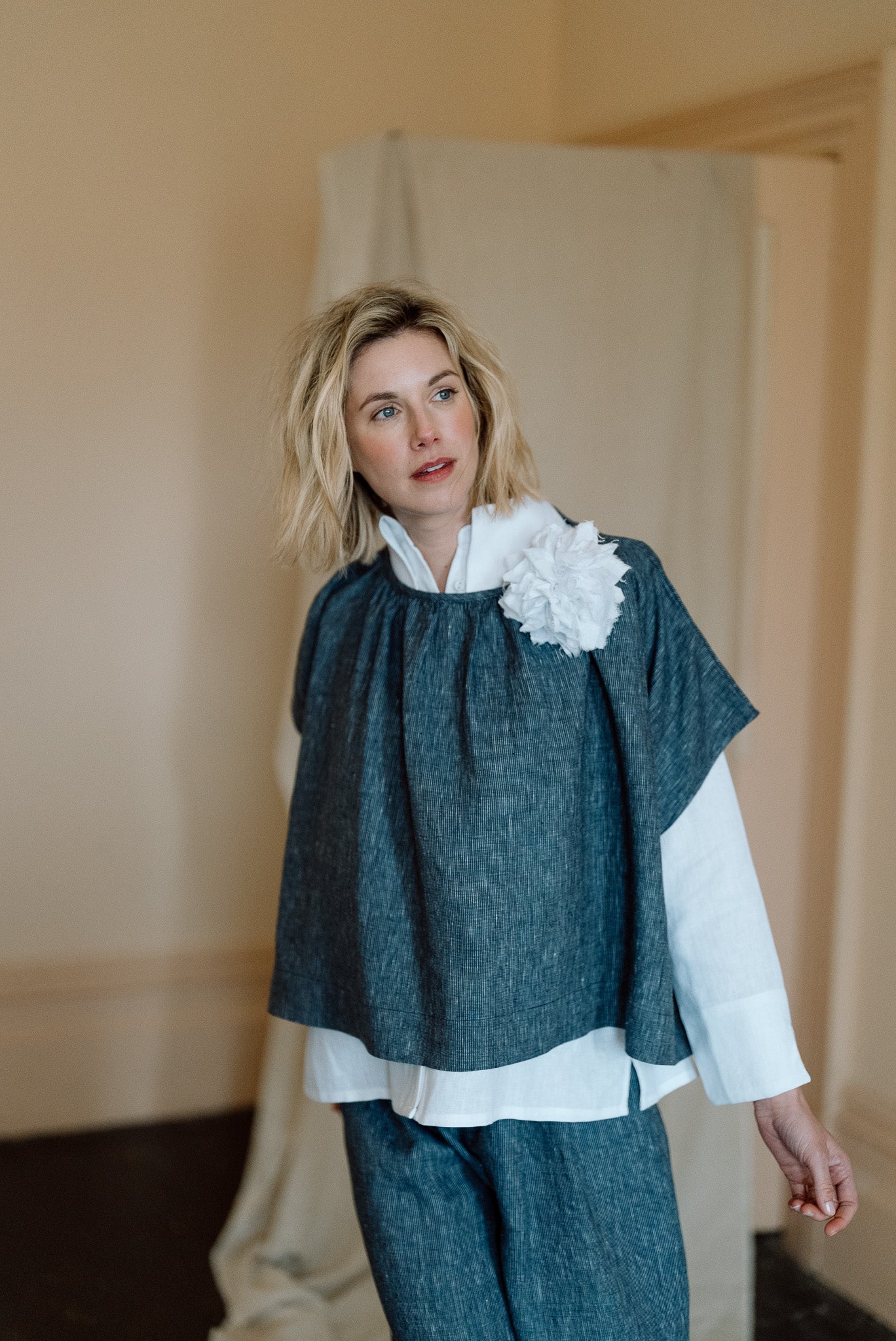 Poppy Top | Navy Pinstripe