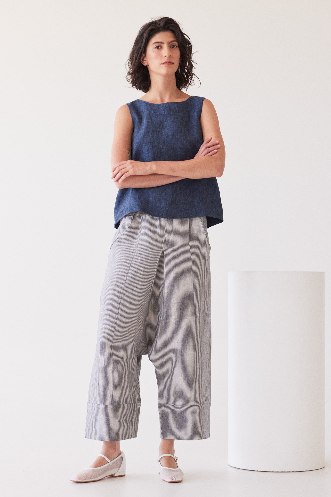 Yuki Drop Crotch Pant | Chambray Stripe