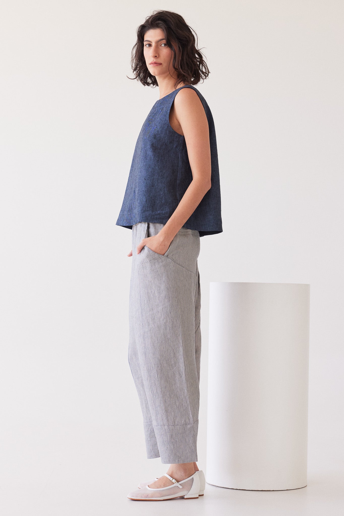 Yuki Drop Crotch Pant | Chambray Stripe