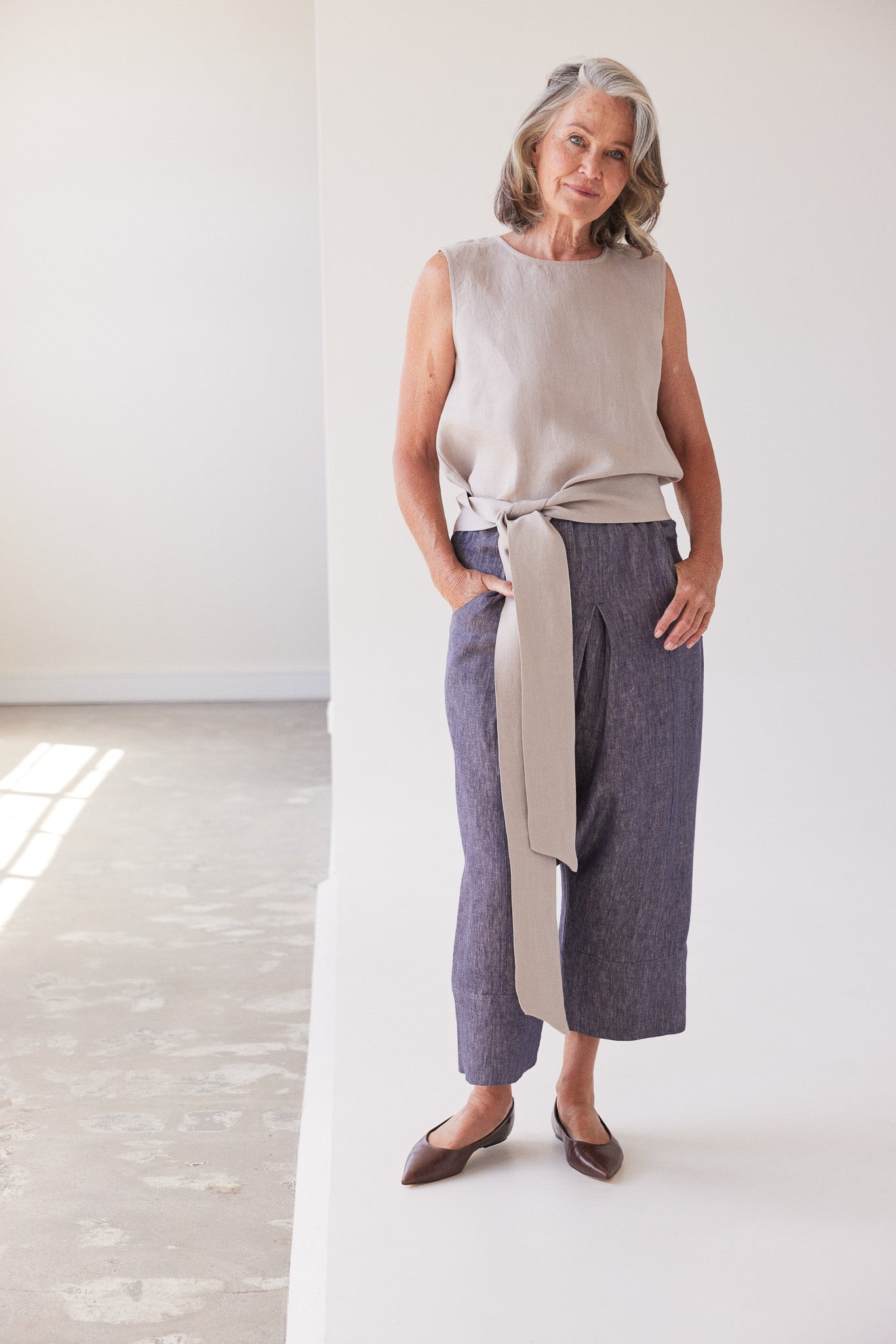 Yuki Drop Crotch Pant | Dusty Denim Linen