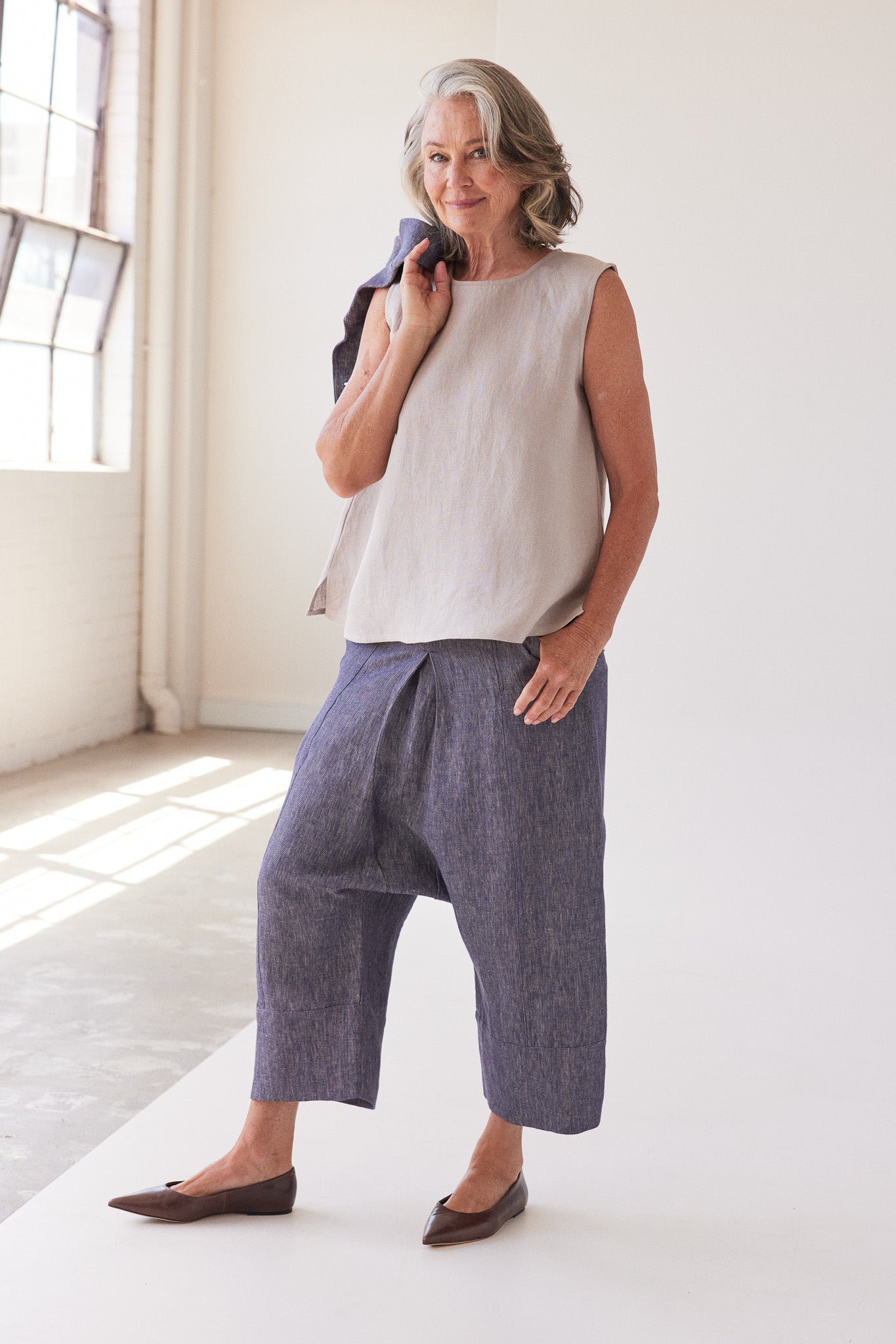Yuki Drop Crotch Pant | Dusty Denim Linen