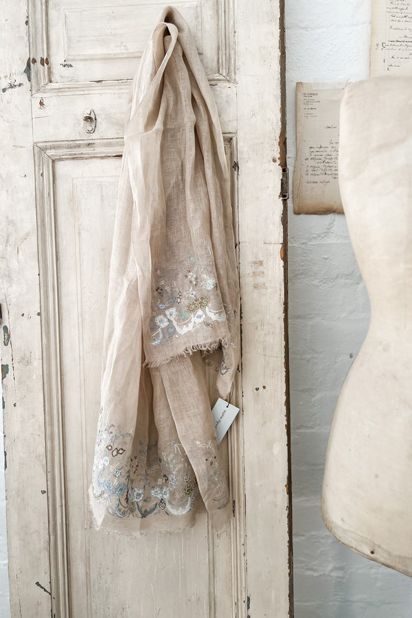 Sophie Digard | Embroidered Natural Linen Scarf | Garden